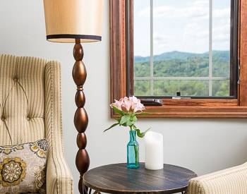 the edge of two striped chairs in tan, with a blue vase with pink flowers on the table. With a view out the window of the mountains.